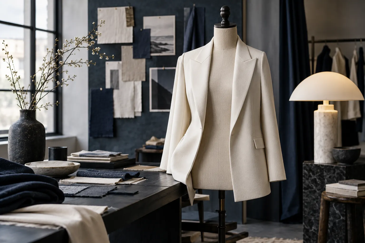 Illustrative tailored jacket in a fashion atelier