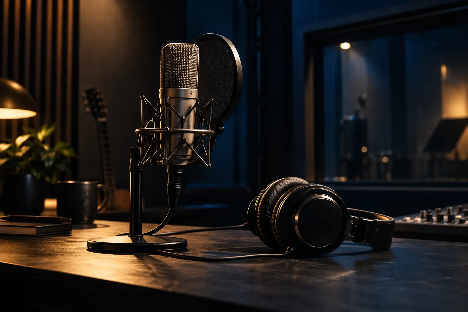 Illustrative microphone and headphones in a recording studio
