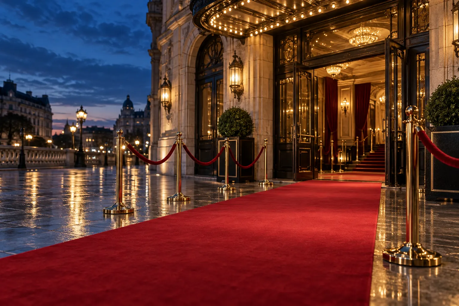 Illustrative empty cinema premiere entrance at dusk