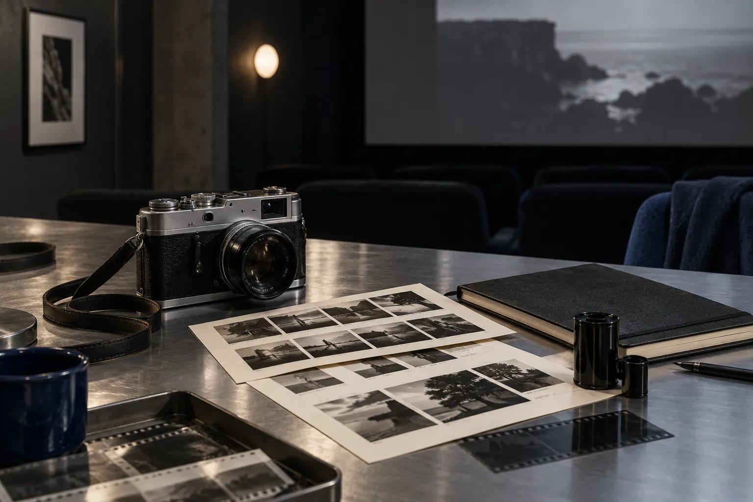Illustrative camera and contact sheets in a screening room